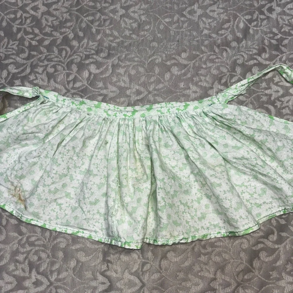 Vintage Green White Floral Calico Half Apron Cottagecore Retro Gathered Waist‎